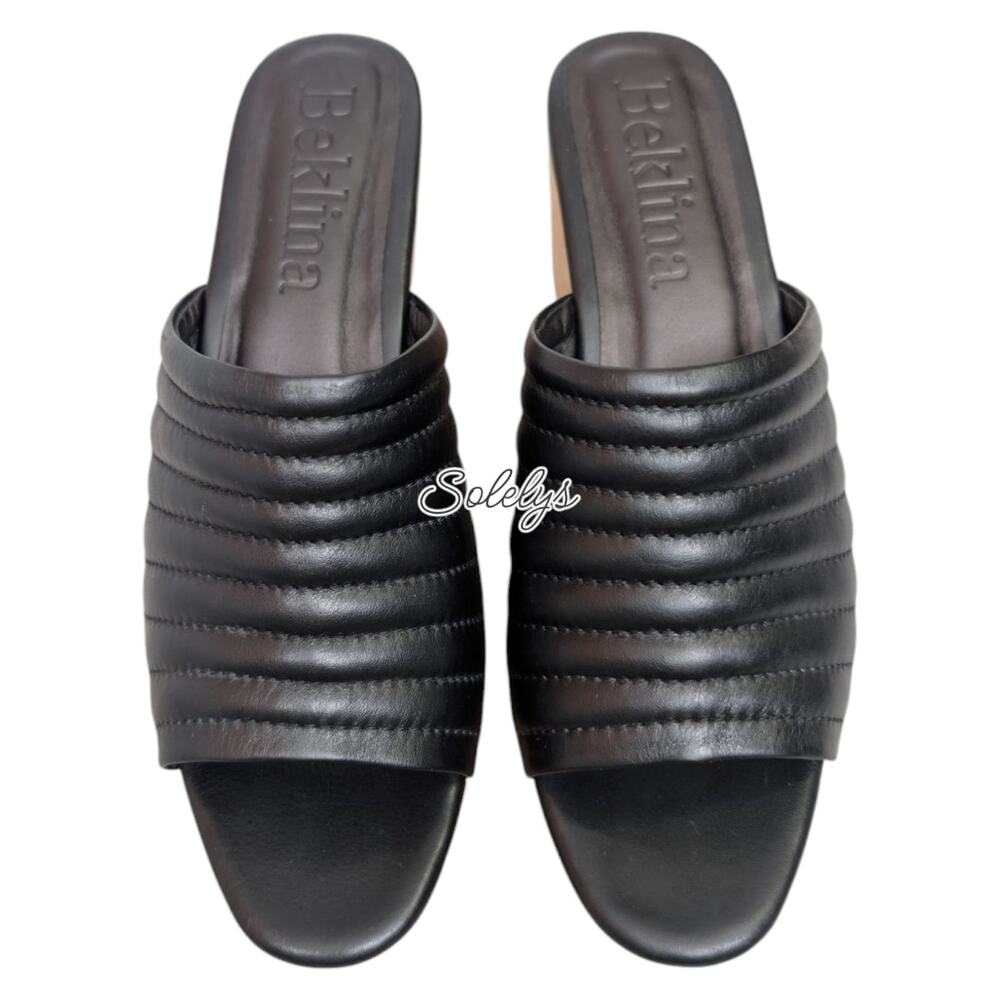 Beklina Ribbed Black Leather Open Toe Wooden Platform Clogs Mules Womens 10